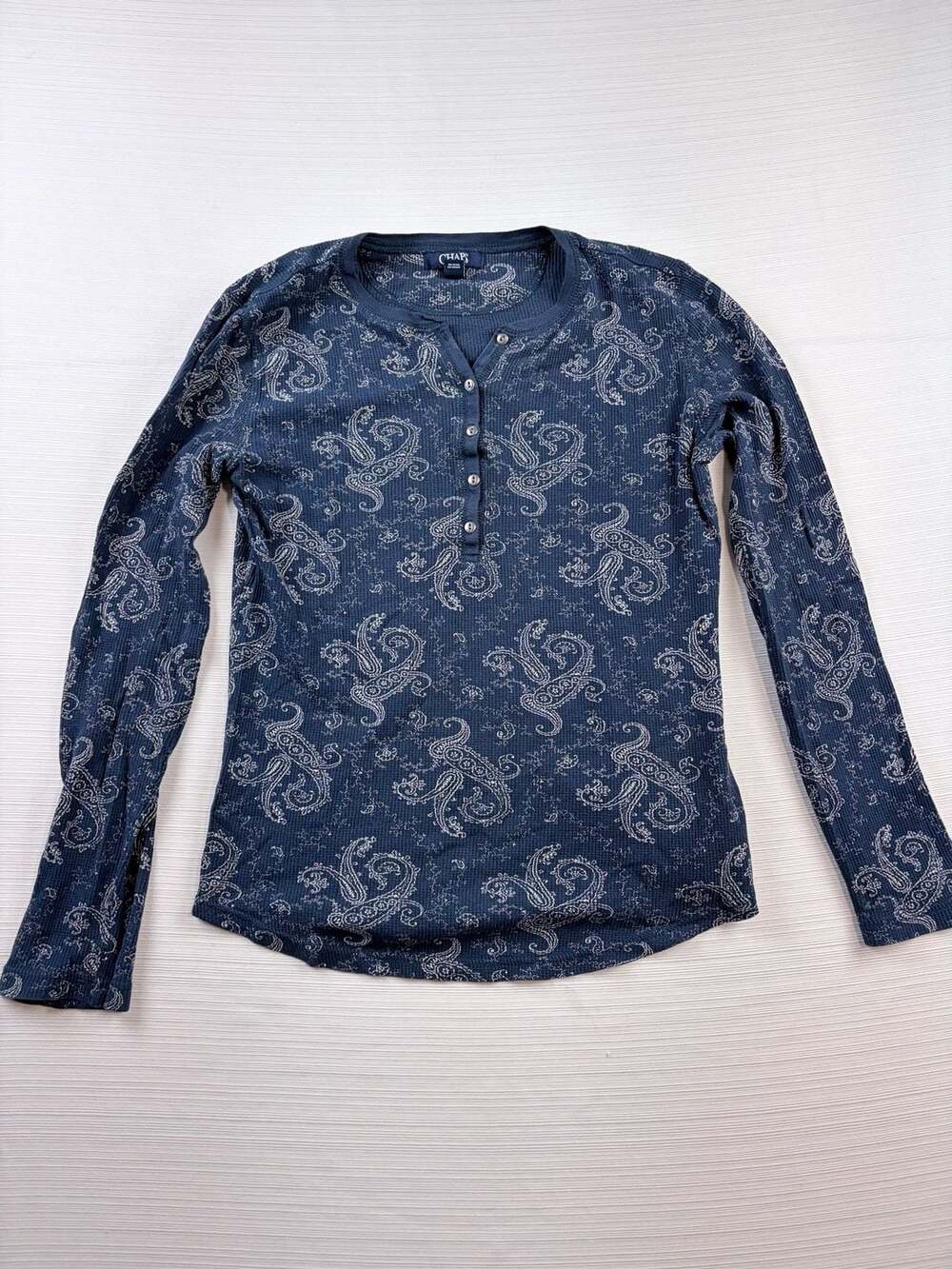 Chaps Denim Women's Blue Paisley Thermal Long Sleeve Henley Top Size S